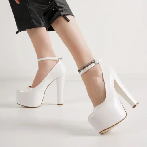 White Ankle Strap High Heels for Women Sexy Pumps Thick Heel Ra-304