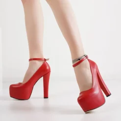 Kırmızı Deri Bilekten Bağlamalı Yüksek Topuklu Ayakkabı Ra-304