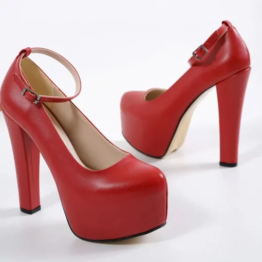 Red Ankle Strap High Heels for Women Sexy Pumps Thick Heel Ra-304