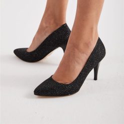 Black Glitter Thin Heel Pumps for Women Ma-017