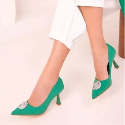 Yeşil Süet Taş Detaylı Topuklu Ayakkabı Ra-6000