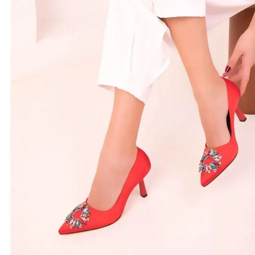 Red Satin Women Shoes Heels with Stones Ra-6003
