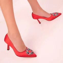 Red Satin Women Shoes Heels with Stones Ra-6003