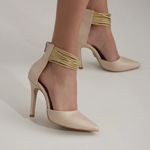 Cream Ankle Strap High Heel Pumps for Women RA-6001