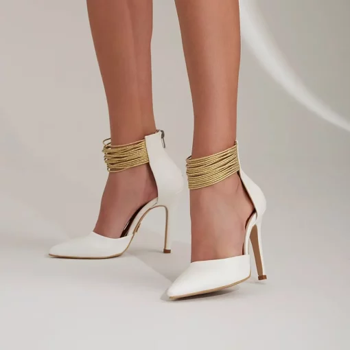 White Ankle Strap High Heel Pumps for Women RA-6001