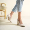 Cream Faux Leather Thick Heel Pumps for Women Closed Toe Ma-023