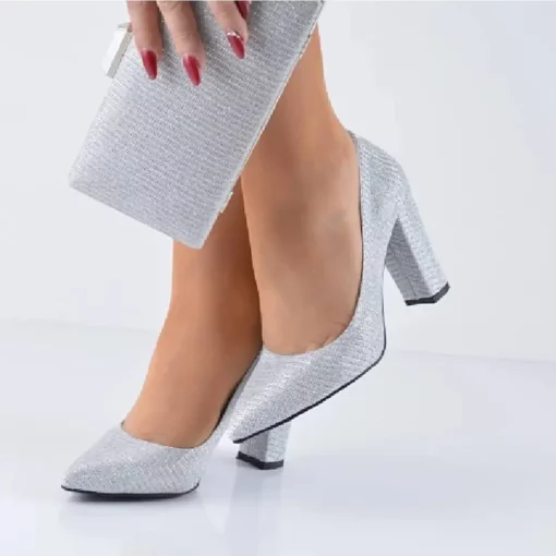 Gümüş Çupra Kadın Topuklu Ayakkabı Çanta Set RA-8000