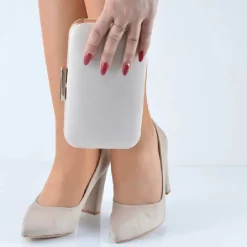 Bej Süet Kadın Topuklu Ayakkabı Çanta Set RA-8000