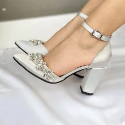 Silver Satin Thick Heel Shoes with Rhinestone Ra-8001