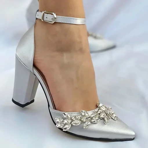 Silver Satin Thick Heel Shoes with Rhinestone Ra-8001