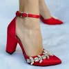 Red Satin Thick Heel Shoes with Rhinestone Ra-8001