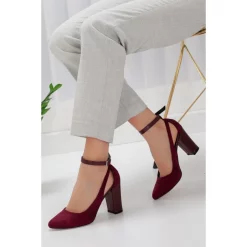 Burgundy Suede Ankle Strap Block Heels for Women Closed Toe RA-8030