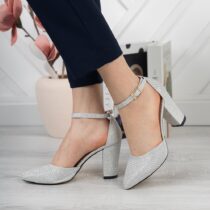 Silver Chunky High Heel Shoes with Ankle Straps for Women RA-062