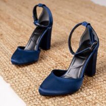 Blue Satin Chunky High Heel Shoes with Ankle Straps for Women RA-062
