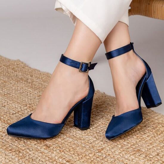 Blue Satin Chunky High Heel Shoes with Ankle Straps for Women RA-062