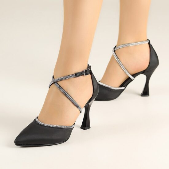 Black Satin Ankle Strap Sandals for Women RA-02