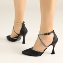 Black Satin Ankle Strap Sandals for Women RA-02