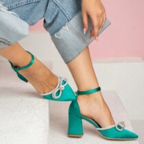 Green Chunky Heel Shoes with Bow for Women RA-032