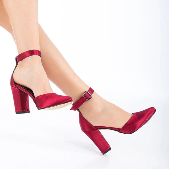 Burgundy Satin Chunky High Heel Shoes with Ankle Straps for Women RA-062