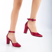 Burgundy Satin Chunky High Heel Shoes with Ankle Straps for Women RA-062