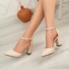 Cream Chunky High Heel Shoes with Ankle Straps for Women RA-062