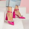 Fushcia Chunky Heel Shoes with Bow for Women RA-032