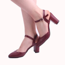 Burgundy Ankle Strap Low Heels for Women RA-145