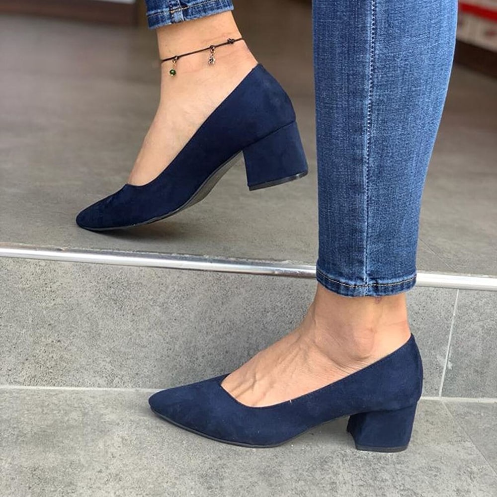 Navy Blue Suede Low Heels Casual Shoes for Women RA-162
