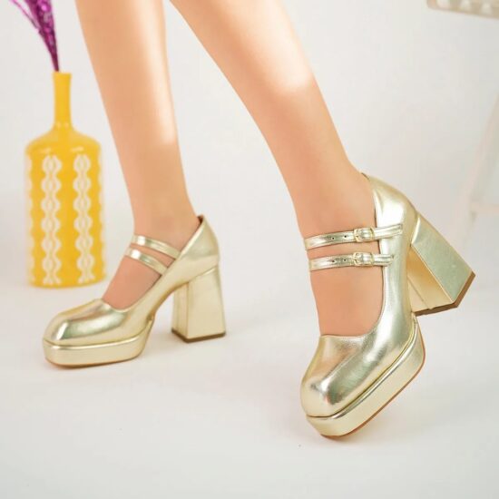 Gold Chunky Heel Double Straps Mary Jane Shoe RA-05