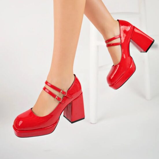 Red Chunky Heel Double Straps Mary Jane Shoe RA-05