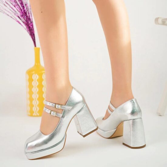 Silver Chunky Heel Double Straps Mary Jane Shoe RA-05