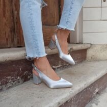 Silver Satin Ankle Strap Heels for Women MA-028