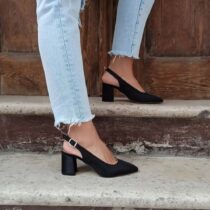 Black Satin Ankle Strap Heels for Women MA-028