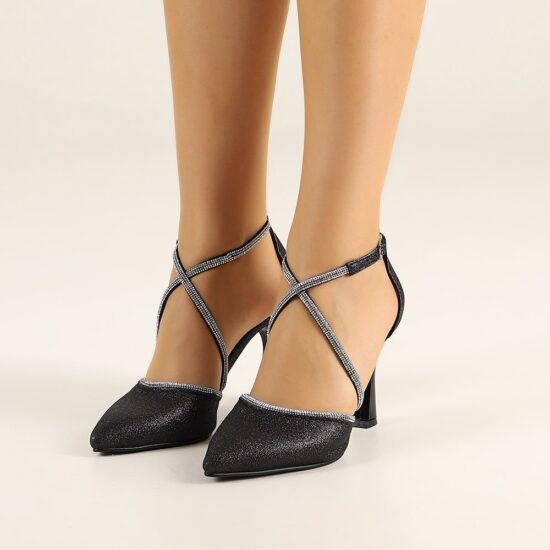 Black Glitter Ankle Strap Sandals for Women RA-02