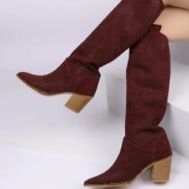 Burgundy Low Heel Cowgirl Boots for Women RA-8013