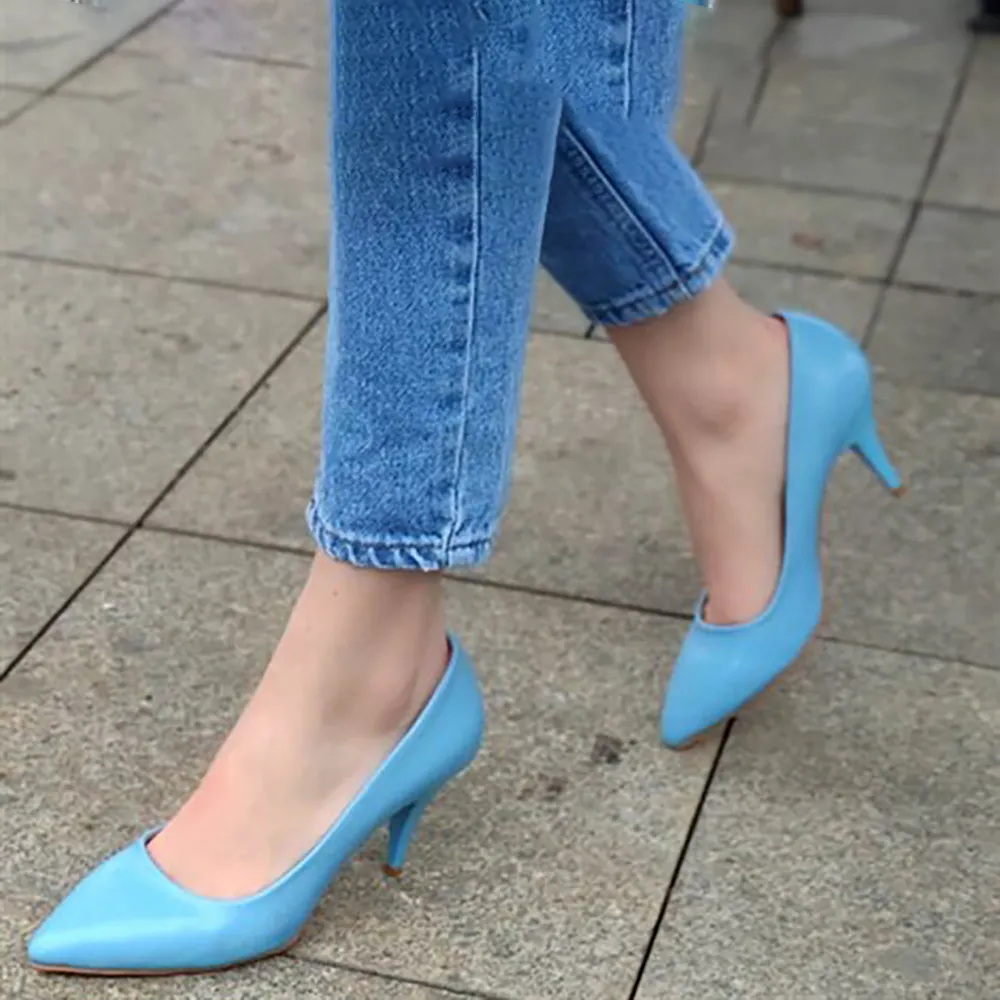 Baby Blue Low Heel Pumps for Women MA-017