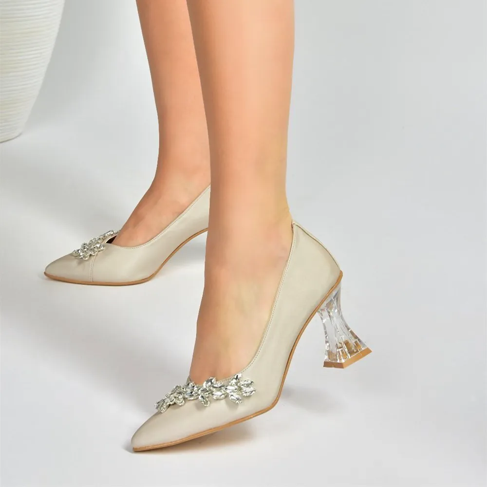 Beige Low Heel Dress Shoes with Rhinestones