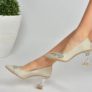 Beige Low Heel Dress Shoes with Rhinestones