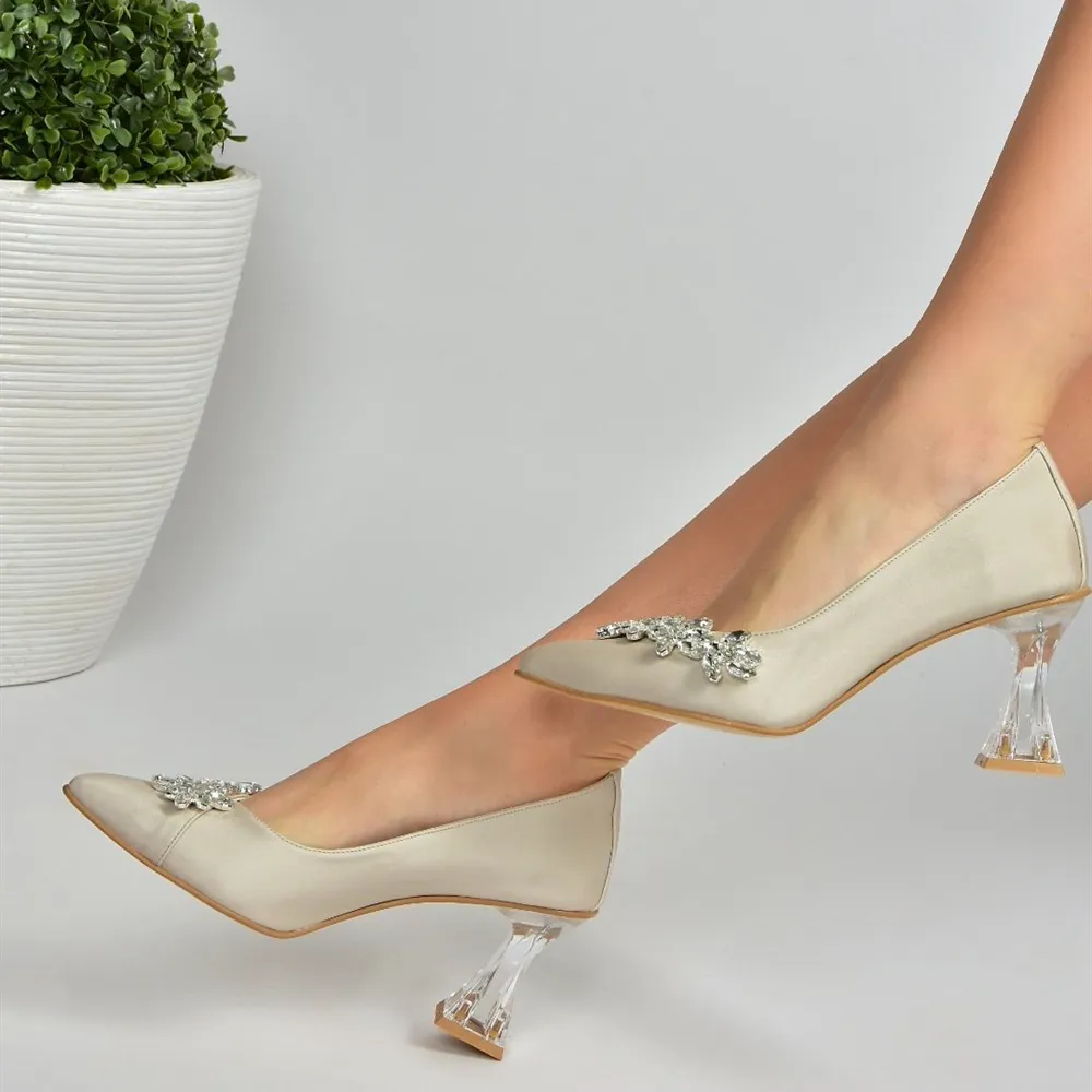Beige Low Heel Dress Shoes with Rhinestones