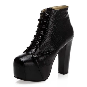 Black Crocodile Platform Lace up Ankle Boots