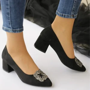 Black Low Heel Wedding Shoes with Rhinestone