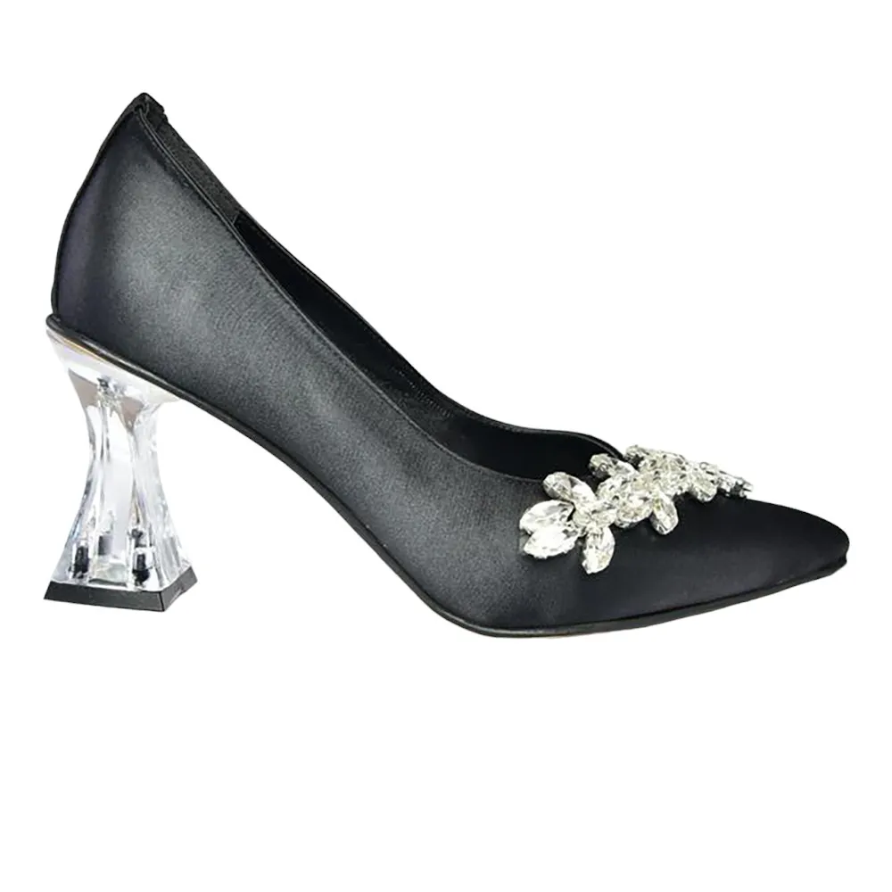 Black Low Heel Dress Shoes with Rhinestones