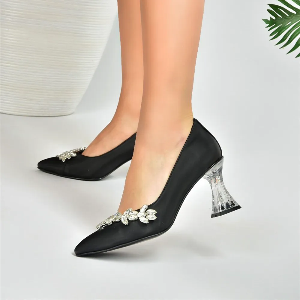 Black Low Heel Dress Shoes with Rhinestones