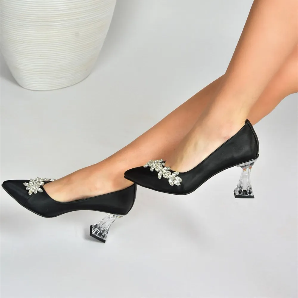 Black Low Heel Dress Shoes with Rhinestones