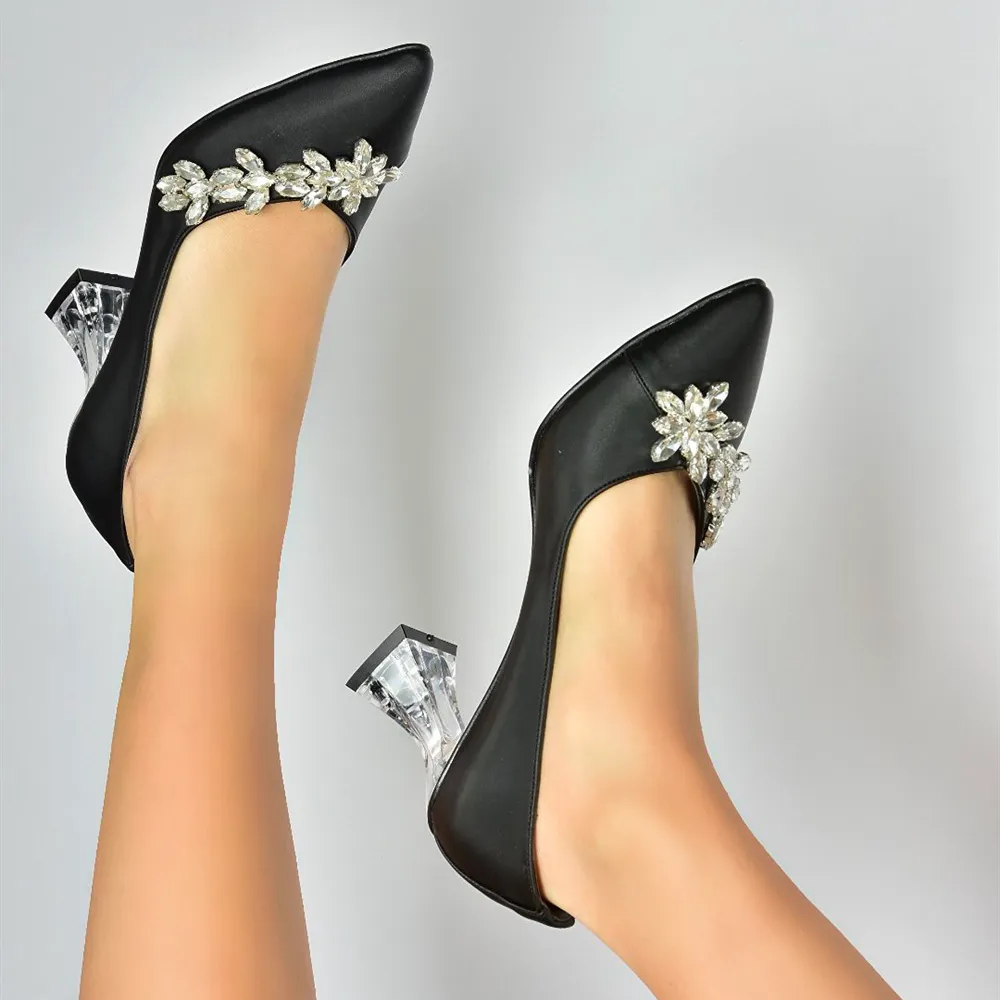Black Low Heel Dress Shoes with Rhinestones