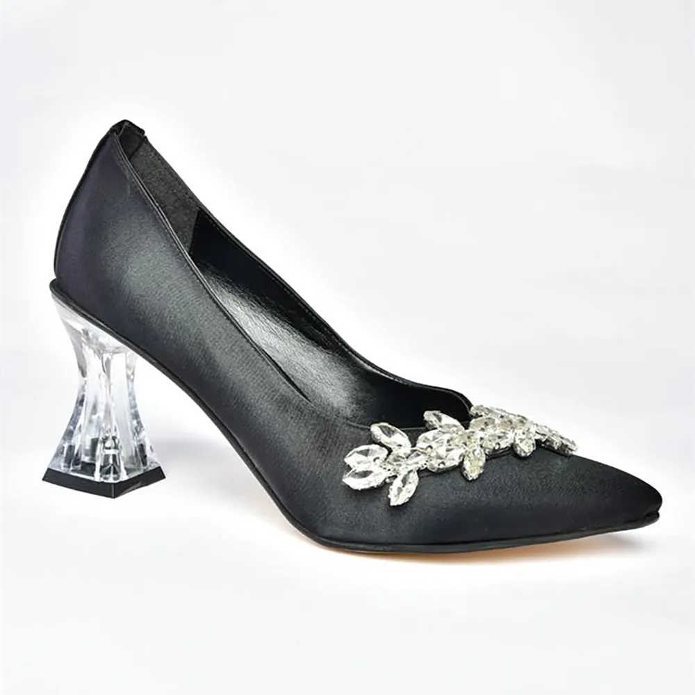 Black Low Heel Dress Shoes with Rhinestones