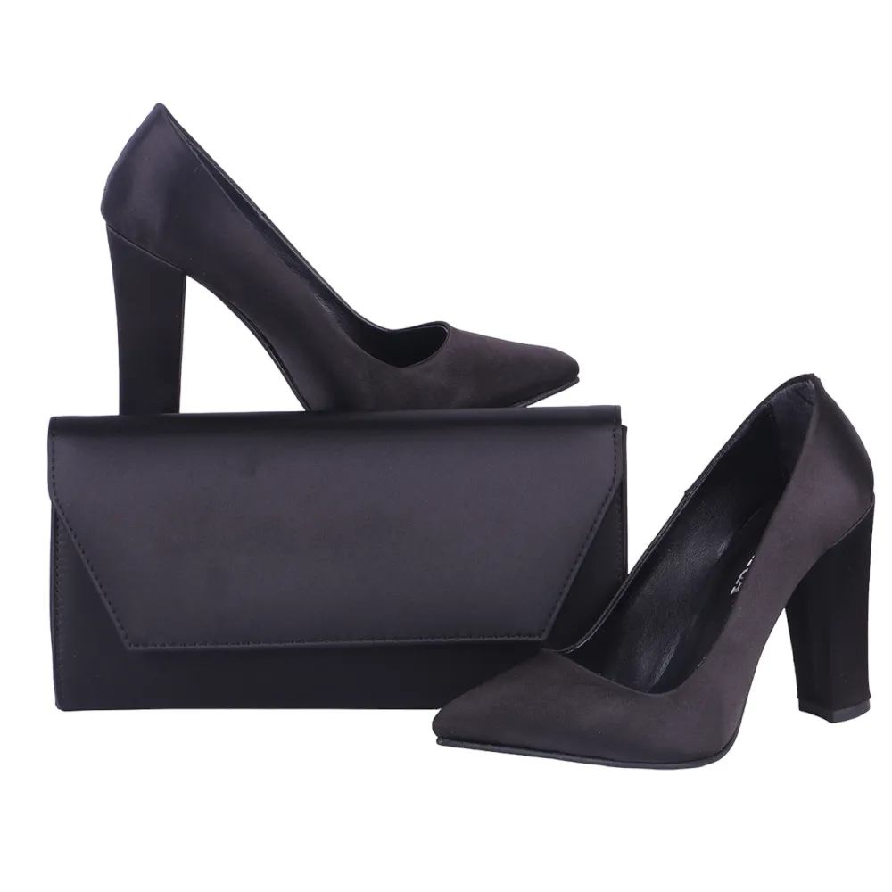 Black Satin Thick Heel Shoes and Bag Set