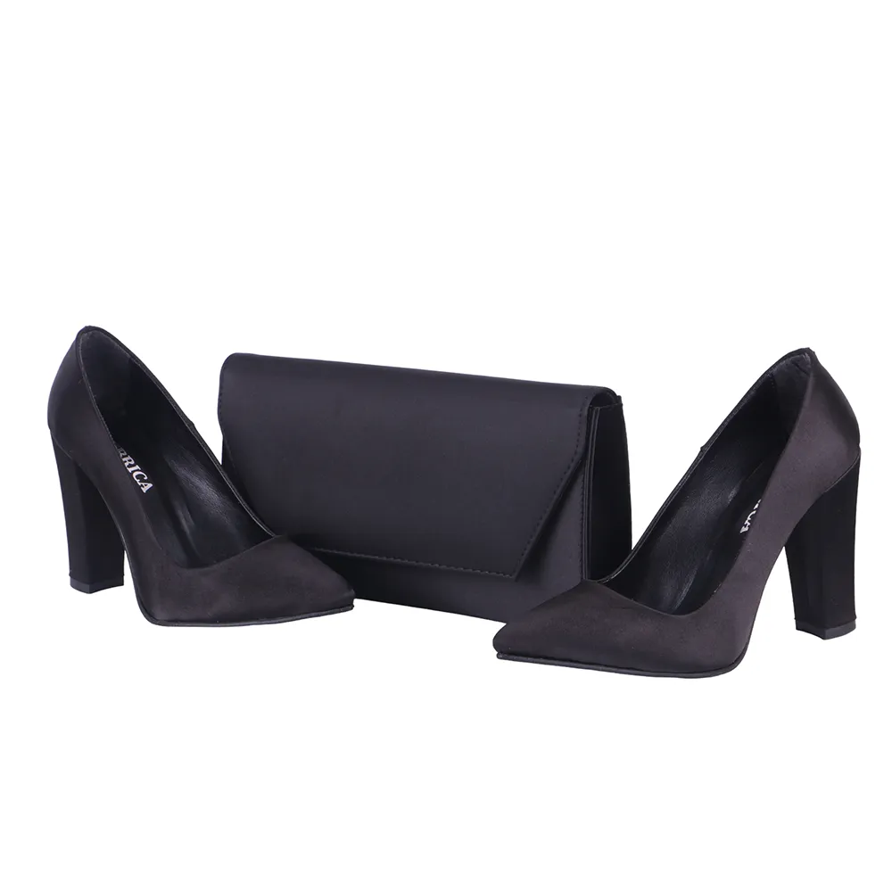 Black Satin Thick Heel Shoes and Bag Set