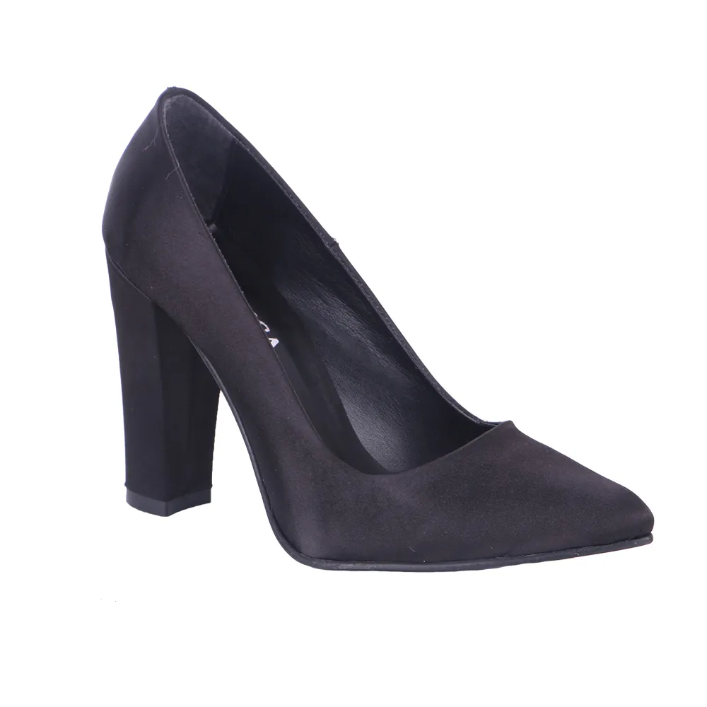 Black Satin Thick Heel Shoes and Bag Set
