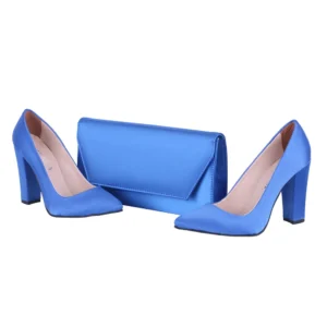 Blue Satin Thick Heel Shoes and Bag Set